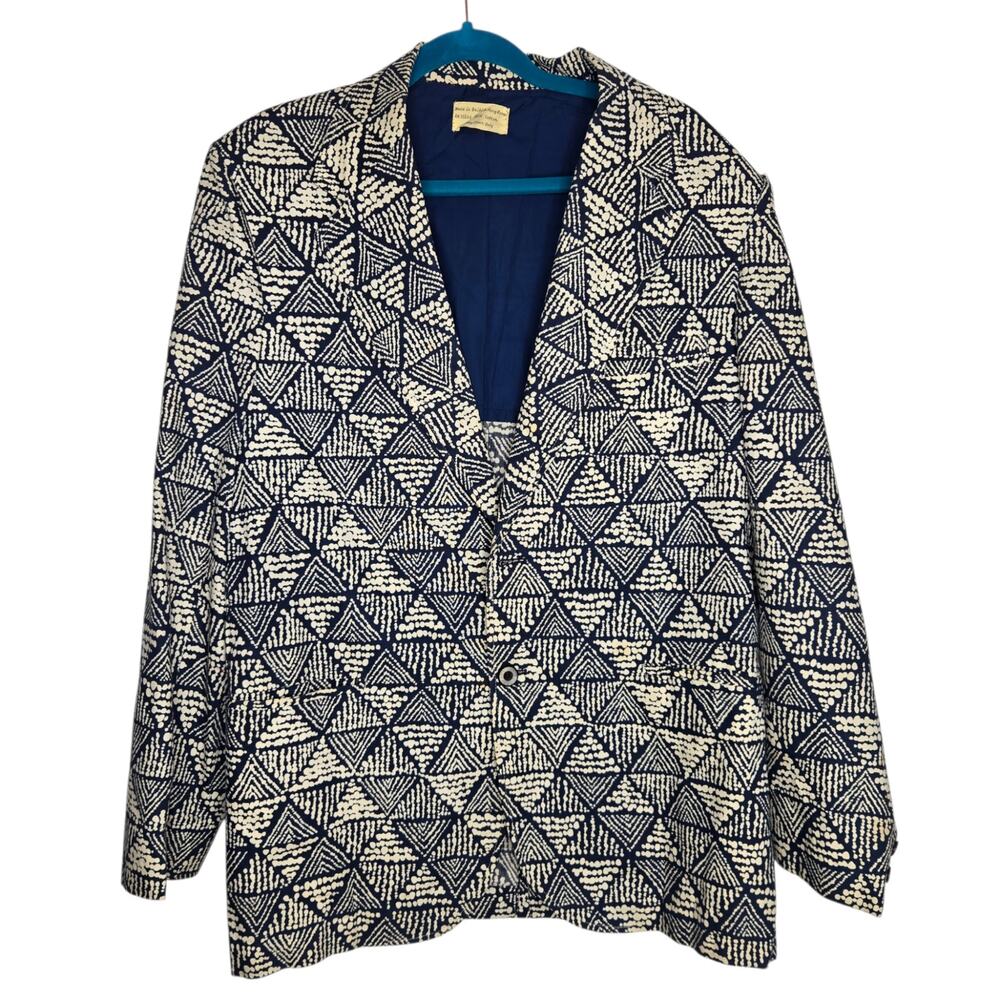 Vintage 60s Sandwich Isles Blazer 42L Tiki Hawaiian Geometric Blue White Men